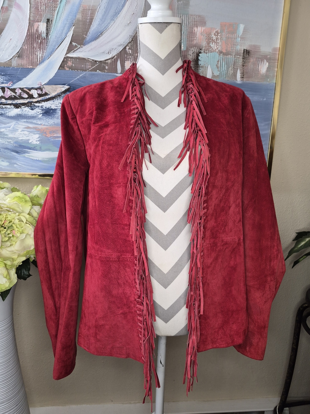 Vintage Drapers & Damons Women's Red Suede Fringe Open Jacket